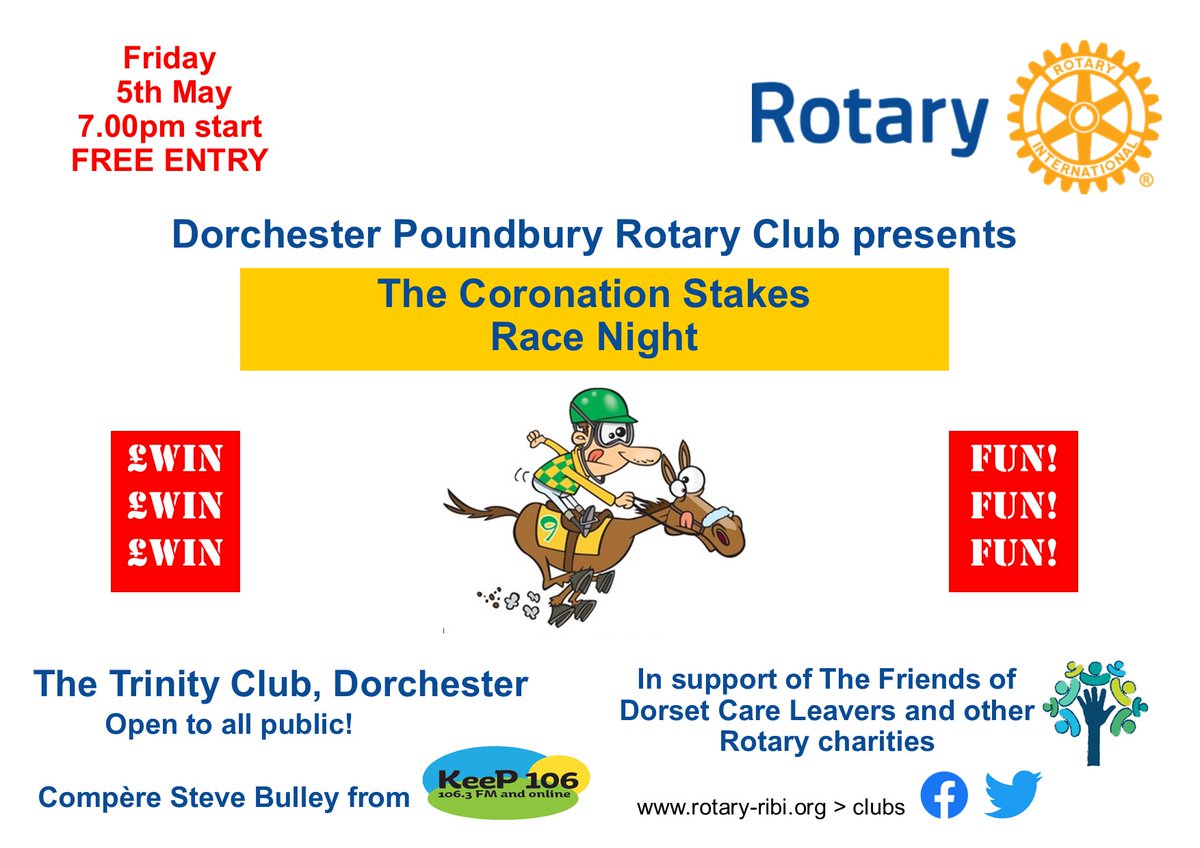 Place your bets!

Join us this Friday at The Trinity Club Dorchester for The Coronation Stakes Race Night!

All proceeds will be donated to <a href="/friendsofdccl/">Friends of Dorset Care Leavers</a>  and other Rotary charities!