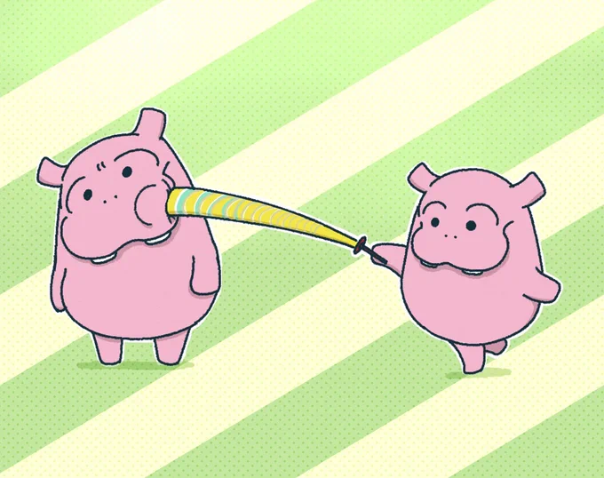 お祭りのびよーんと伸びるおもちゃで遊ぶカバさん #カバ #かば #イラスト #ペーパーヨーヨー