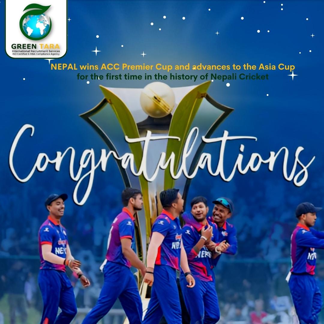 Congratulations to Nepal National Cricket Team for making history by winning ACC Premier Cup Final and being qualified for Asia Cup 2023. Cricket Association of Nepal-CAN #teamnepal #winners #congratulations #greentara #leadingrecruitrment