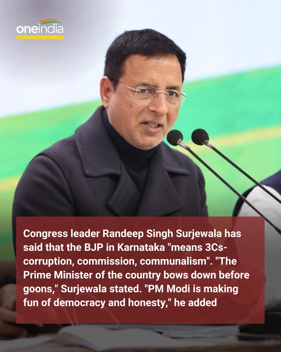 Oneindia's tweet image. Karnataka BJP is 3Cs- corruption, commission &amp;amp; communalism: Surjewala

Click here to read more:
oneindia.com/india/karnatak…

#randeepsingh #KarnatakaElection2023 #karnataka #congress #bjp #Elections2023