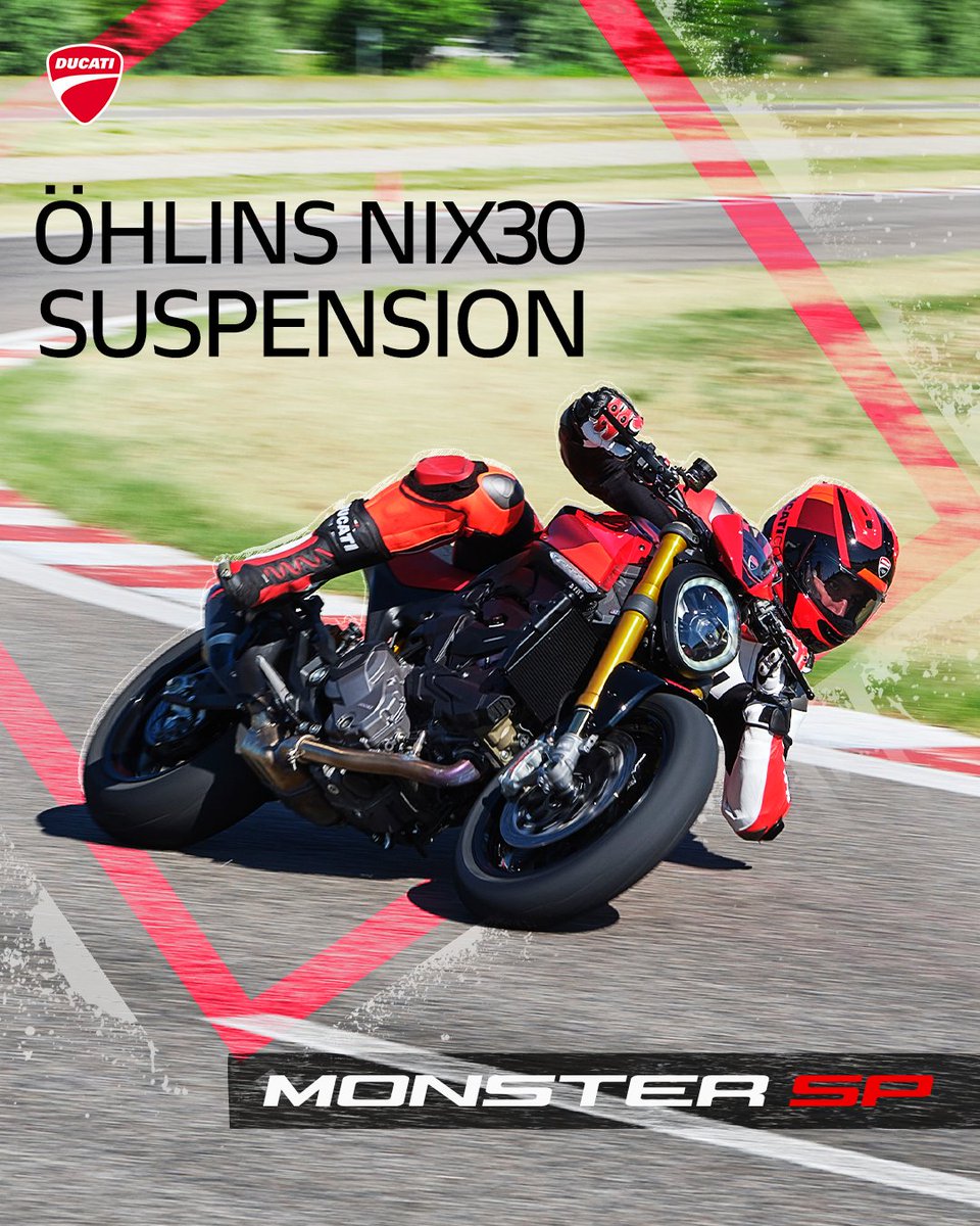 Ducati_India's tweet photo. The fully adjustable Öhlins suspension, with fork 0.6 kg lighter than the one on Monster, increases the feel, as well as the ground clearance which consequently generates a better lean angle.
#Ducati #Monster #DucatiMonster #MonsterSP #MadForFun https://t.co/LQUdrFIa0r