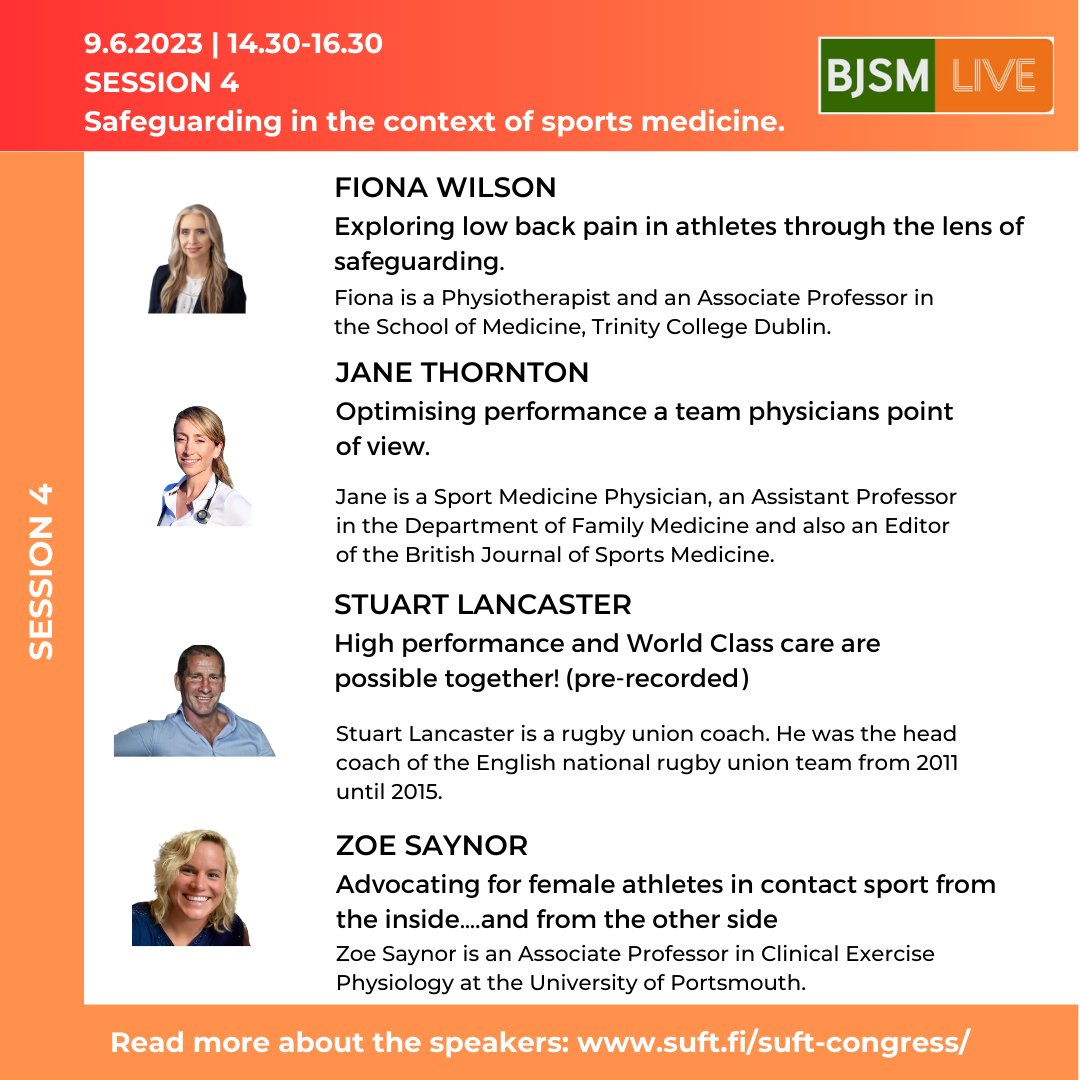 SUFTcongress (@suft_congress) on Twitter photo SUFT Congress: Prioritizing performance
Session 4: BJSM-Live session
Safeguarding in the Context of Sports Medicine
Program and tickets: suft.fi/suft-congress/
<a href="/FionaWilsonf/">Prof. Fiona Wilson</a> <a href="/Zoe_Saynor/">Dr Zoe Saynor (she/her)</a> <a href="/JaneSThornton/">Dr. Jane Thornton OLY</a> <a href="/rtholopainen/">Riikka Holopainen</a> <a href="/BJSM_BMJ/">British Journal of Sports Medicine (BJSM)</a> <a href="/DreznerJon/">Jon Drezner</a> <a href="/IntFSPT/">IFSPT</a> @KarimKhan_IMHA <a href="/urhea_fi/">Urhea</a> SUFT Congress: Prioritizing performance
Session 4: BJSM-Live session
Safeguarding in the Context of Sports Medicine
Program and tickets: suft.fi/suft-congress/
<a href="/FionaWilsonf/">Prof. Fiona Wilson</a> <a href="/Zoe_Saynor/">Dr Zoe Saynor (she/her)</a> <a href="/JaneSThornton/">Dr. Jane Thornton OLY</a> <a href="/rtholopainen/">Riikka Holopainen</a> <a href="/BJSM_BMJ/">British Journal of Sports Medicine (BJSM)</a> <a href="/DreznerJon/">Jon Drezner</a> <a href="/IntFSPT/">IFSPT</a> @KarimKhan_IMHA <a href="/urhea_fi/">Urhea</a>