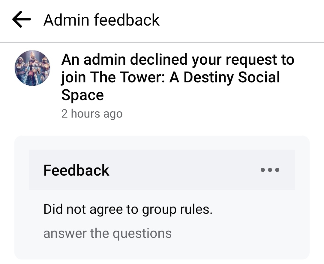 100% certain I didn't request to join this FB group (I don't even play Destiny) but now I need to know what these questions were