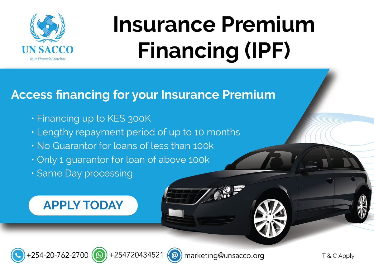 UNSacco's tweet image. We got you covered! Access financing for your Insurance Premiums. Obtain a quote from @Wanamataifa and let us do the financing for you. #UNDTSACCO #BestMnagedSacco #InsurancePremiumFinancing
marketing@unsacco.org | +254720434521