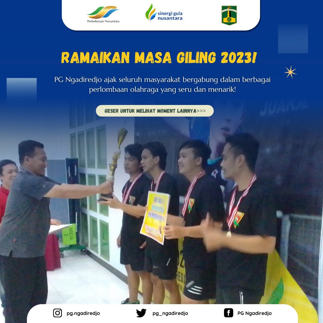 pg_ngadiredjo's tweet photo. Dalam rangka memeriahkan masa giling 2023 yang akan datang, PG Ngadiredjo mengadakan serangkaian kegiatan perlombaan cabang olahraga untuk umum. Kami berharap melalui kegiatan ini, dapat semakin mempererat tali silaturahmi antara PG Ngadiredjo dan masyarakat sekitar. https://t.co/IsjNc7dhVy
