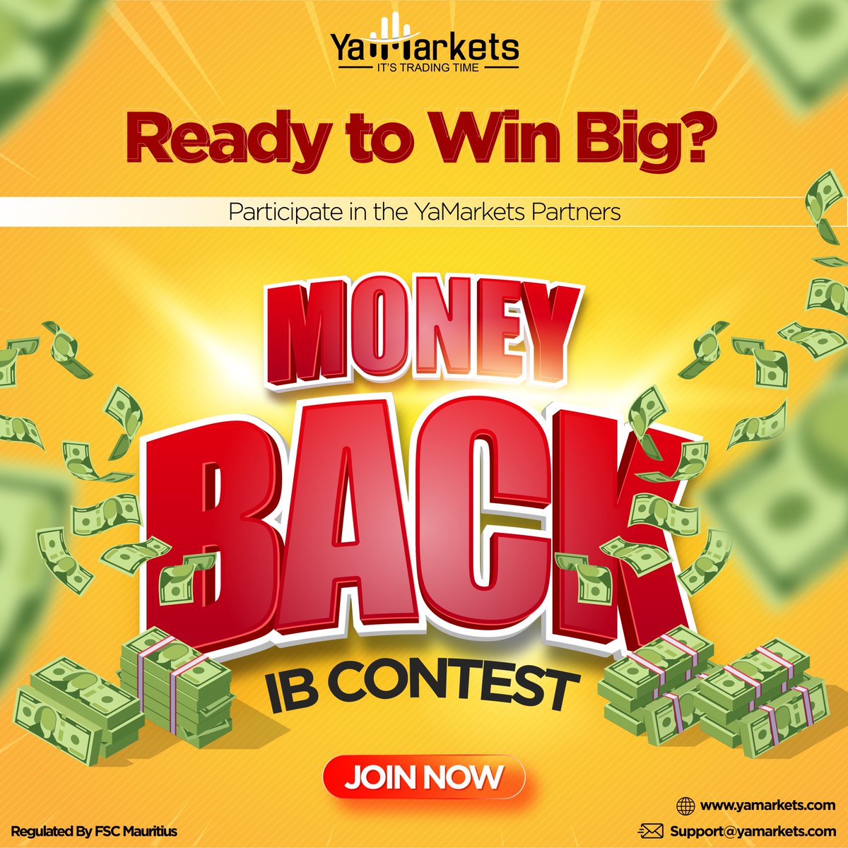 Are you ready to win big? Participate in the YaMarketsPartners Money-Back IB Contest and stand a chance to win exciting prizes! 
#YAMarkets #MoneyBackIB #Contest #PartnershipOpportunity #WinBig #Yamarkets #TradeSmart #JoinToday #tradablebonus