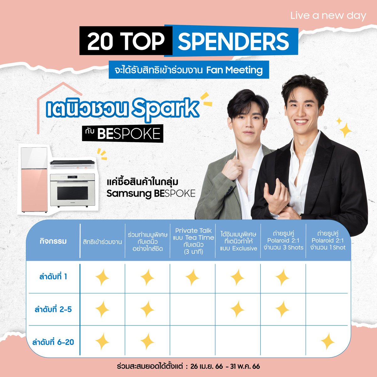 📣📣 มาแล้ว!! พบกับรายละเอียดกิจกรรม Fan Meeting สุด Exclusive “เตนิวชวน Spark กับ BESPOKE”

 คุณรึเปล่า 👉 ที่จะได้เป็น 1 ใน 20 🔥Top Spenders🔥 นอกจากจะได้ช้อปสินค้า Samsung BESPOKE 🏠 มาแต่งบ้าน #สวยให้สุดทุกองศา แล้ว ยังได้ทำครัวแบบใกล้ชิดกับเตนิวด้วย Spark ไม่ไหว!! 14 มิ.ย.