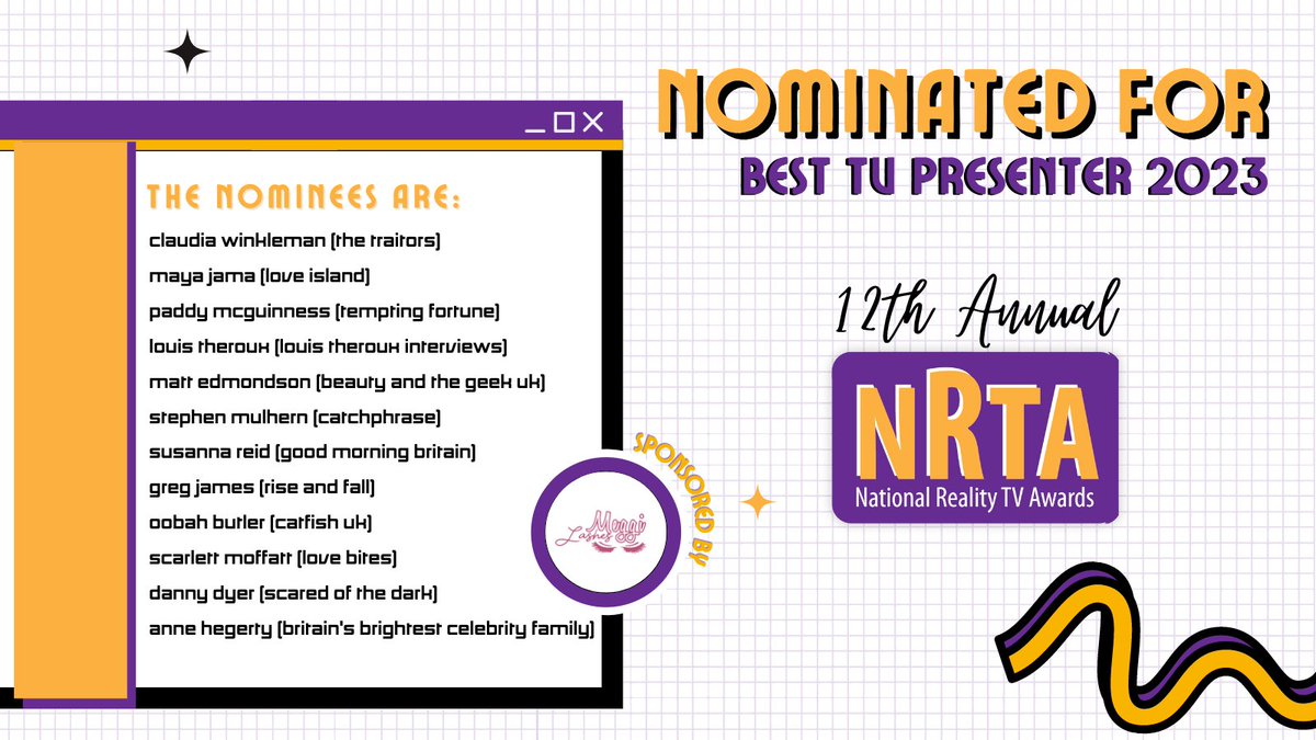 It's time to celebrate excellence! Here are the nominees for Best TV Presenter 2023 sponsored by #meggilashes 🎉👏

The #NationalRealityTVAwards comes back this year in July for what will be an exciting 12th Edition🔥 

Cast your vote now at LINK IN BIO

#NRTA2023 #votenow