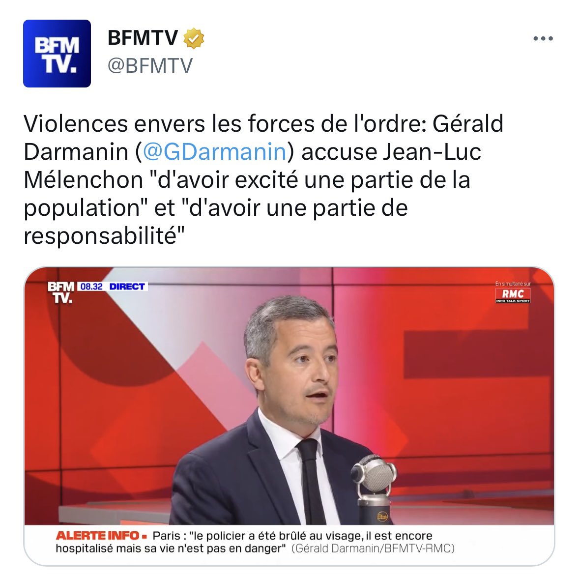 Le maintien de l’ordre sous #Darmanin est un fiasco, de la finale de Ligue des champions au 1er mai. Supporters, manifestants, policiers, tout le monde pâtit de sa nullité. Et ce serait la faute de <a href="/JLMelenchon/">Jean-Luc Mélenchon</a> ?
Ministre incompétent, malhonnête, irresponsable. Qu'il s'en aille !