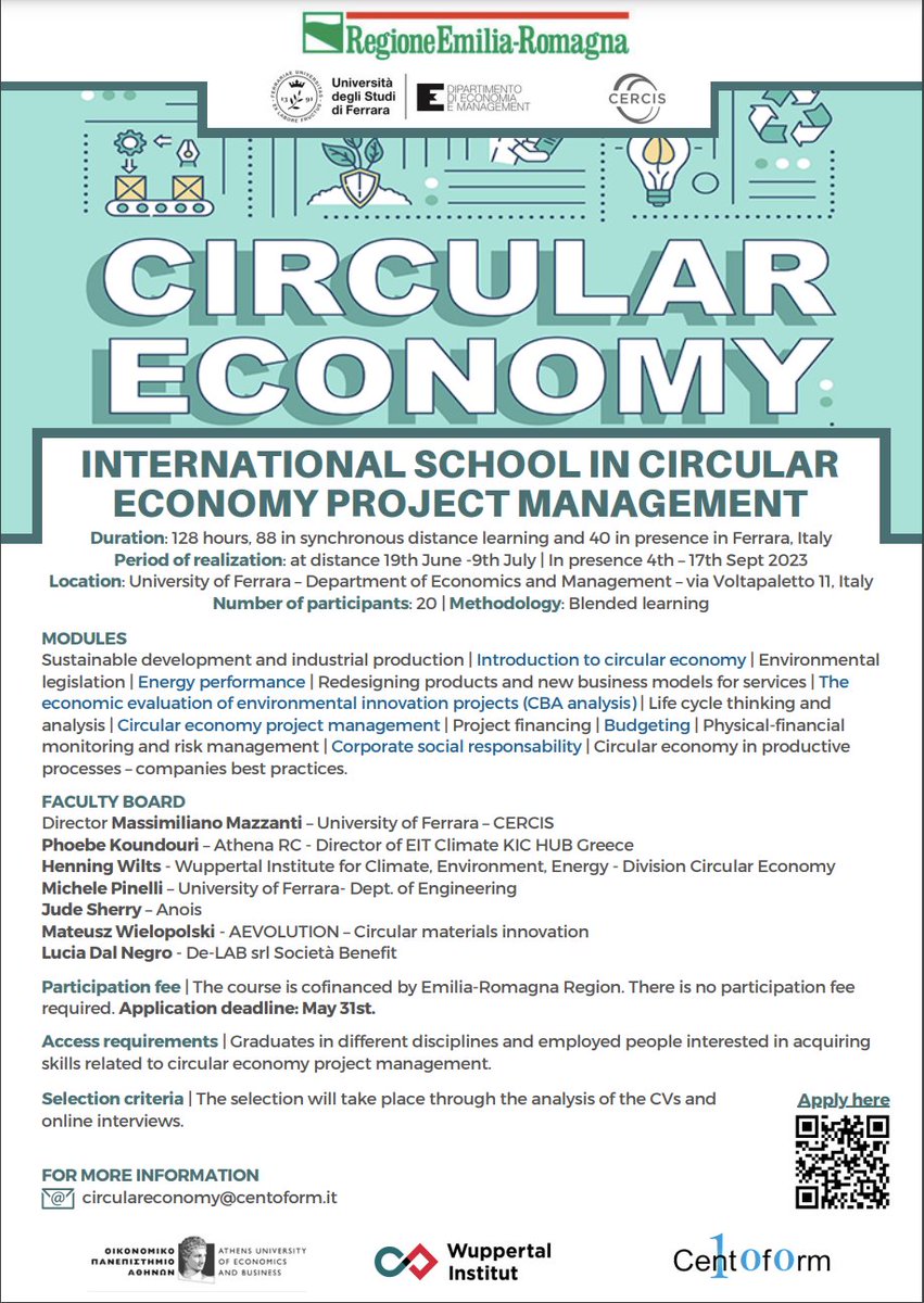June 19  𝗜𝗻𝘁𝗲𝗿𝗻𝗮𝘁𝗶𝗼𝗻𝗮𝗹 𝘀𝗰𝗵𝗼𝗼𝗹 𝗶𝗻  𝗰𝗶𝗿𝗰𝘂𝗹𝗮𝗿 𝗲𝗰𝗼𝗻𝗼𝗺𝘆 𝗽𝗿𝗼𝗷𝗲𝗰𝘁 𝗺𝗮𝗻𝗮𝗴𝗲𝗺𝗲𝗻𝘁 #freeofcharge, led by <a href="/UniFerrara/">Università Ferrara</a>  with #centoform @wupperinst <a href="/AUEB/">AUEB</a> #hybrid #deadline  MAY 31: lnkd.in/eXrGTPkM  👇