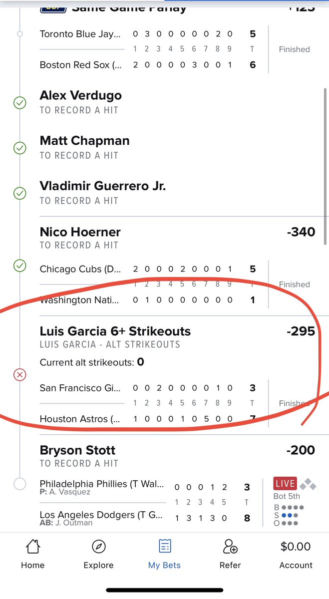 Mr_JustWin's tweet photo. @FanDuel @FDSportsbook @FanDuel_Support Luis Garcia there 8 pitches as a starter before he got hurt today and you counted my bet as a loss because of this. You’ve literally voided Otani bets after 3 innings because of a rain delay. Y’all can’t void this leg?! What a joke. https://t.co/CxOUlzifRK