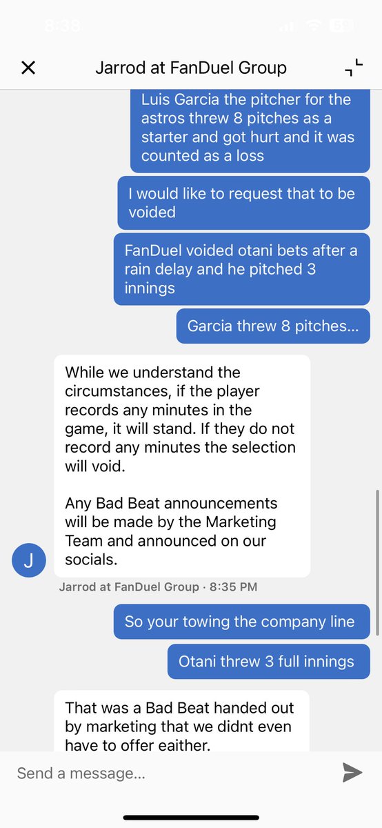 Mr_JustWin's tweet photo. @FanDuel @FDSportsbook @FanDuel_Support Luis Garcia there 8 pitches as a starter before he got hurt today and you counted my bet as a loss because of this. You’ve literally voided Otani bets after 3 innings because of a rain delay. Y’all can’t void this leg?! What a joke. https://t.co/CxOUlzifRK