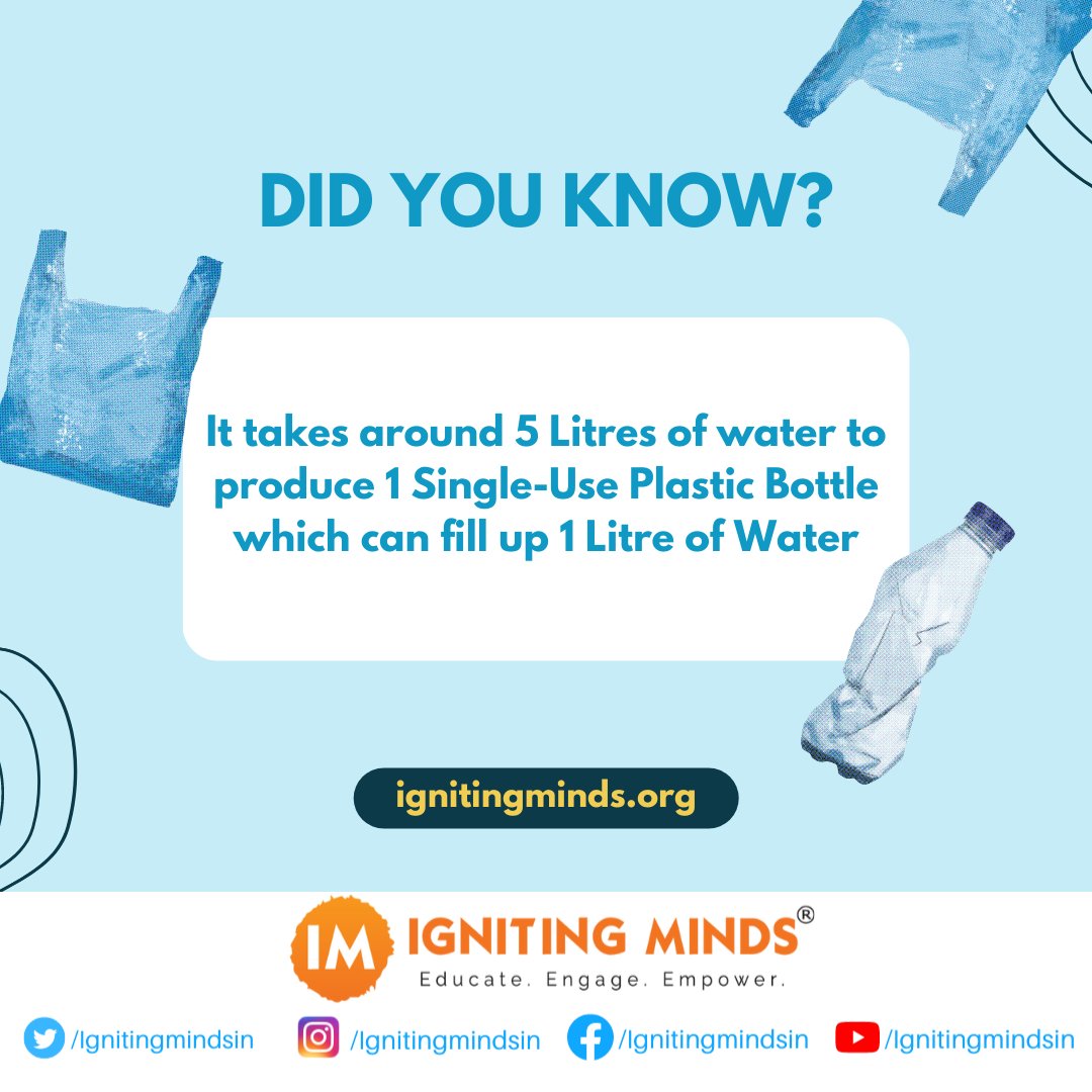Did you know that it takes around 5 litres of water to produce 1 single-use plastic bottle which can fill up 1 litre of water in it? Even though it sounds strange, let's face reality & say no to plastic!

#HaraHaiTohBharaHai #GreenIndiaChallenge #JalJanAbhiyaan #WaterLiteracy