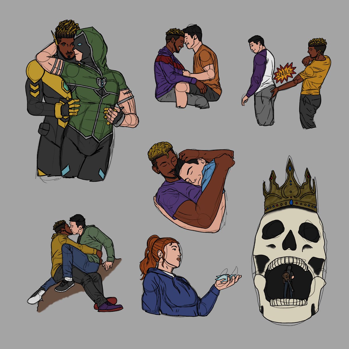 robertrob92's tweet photo. More #OC and #dnd sketches, just a lot of cute moments between Ty and Kell now using the ship name #BeeWitched, a rock themed cover for a dnd character and a classic comic cover pose of the boys #ocart #superheroes #gaylove #gayart https://t.co/aF6SA1zjTh
