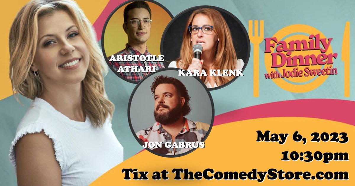Great show this coming Saturday at @TheComedyStore! #JodieSweetin, @air_stotle, @karaklenk and @Gabrus share a meal and some laughs at the Family Dinner table. Dont miss it!