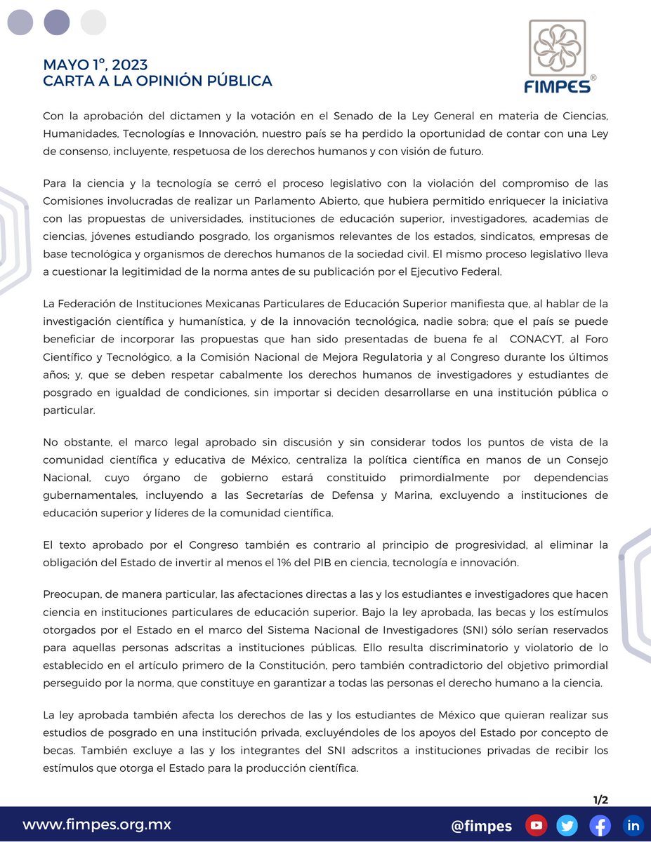 fimpes's tweet photo. Carta a la opinión pública con motivo de la aprobación del dictamen y la votación en el Senado de la Ley General en materia de Ciencias, Humanidades, Tecnologías e Innovación. #LeyDeCiencia https://t.co/hZHap9Q8VP