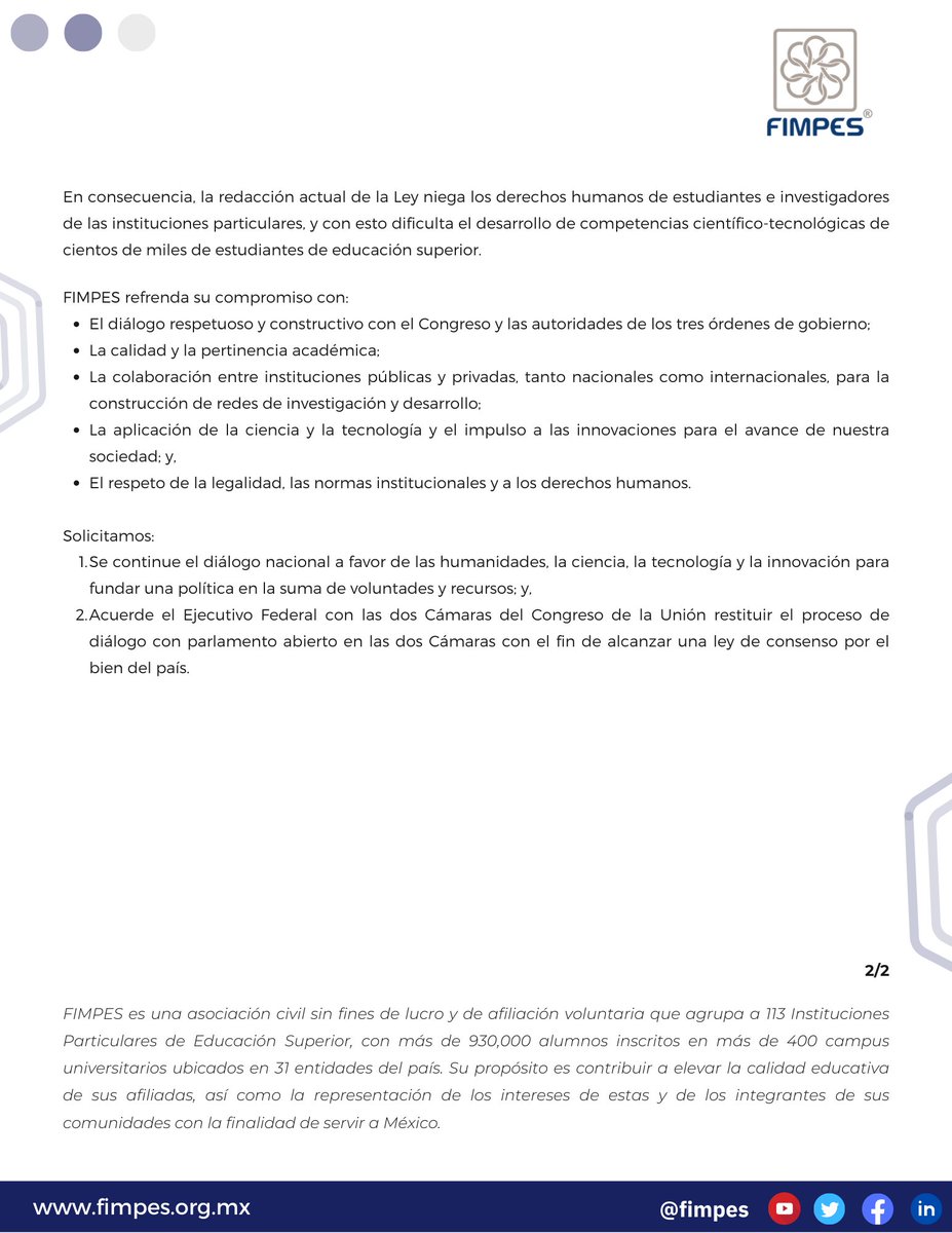 fimpes's tweet photo. Carta a la opinión pública con motivo de la aprobación del dictamen y la votación en el Senado de la Ley General en materia de Ciencias, Humanidades, Tecnologías e Innovación. #LeyDeCiencia https://t.co/hZHap9Q8VP