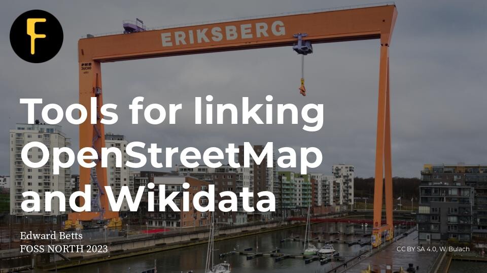 RT @edward@octodon.social
I've put my slides for today's talk 'Tools for linking Wikidata and OpenStreetMap' on #WikimediaCommons

#fossnorth #OpenStreetMap #Wikidata #PresentationSlides #LinkedOpenData

commons.wikimedia.org/wiki/File:Foss…
octodon.social/@edward/110254…