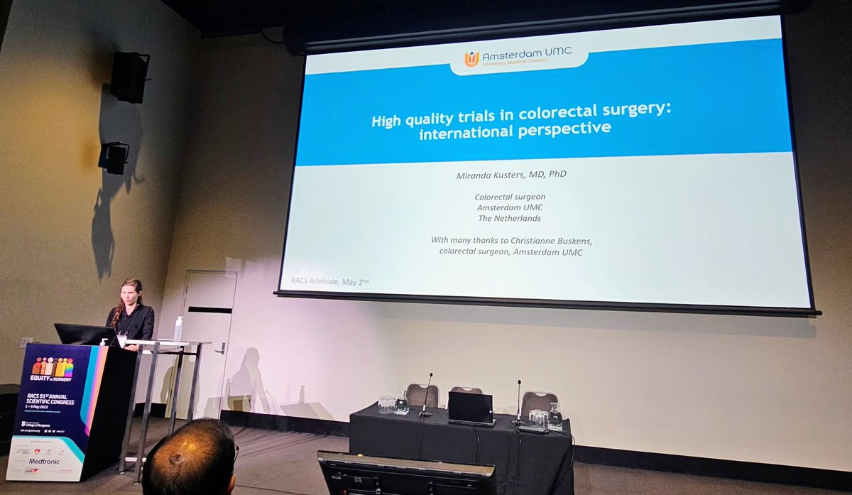 Join us for the second colorectal plenary, on trials in colorectal surgery, delivered by @MirandaKusters in Hall A. #RACS23