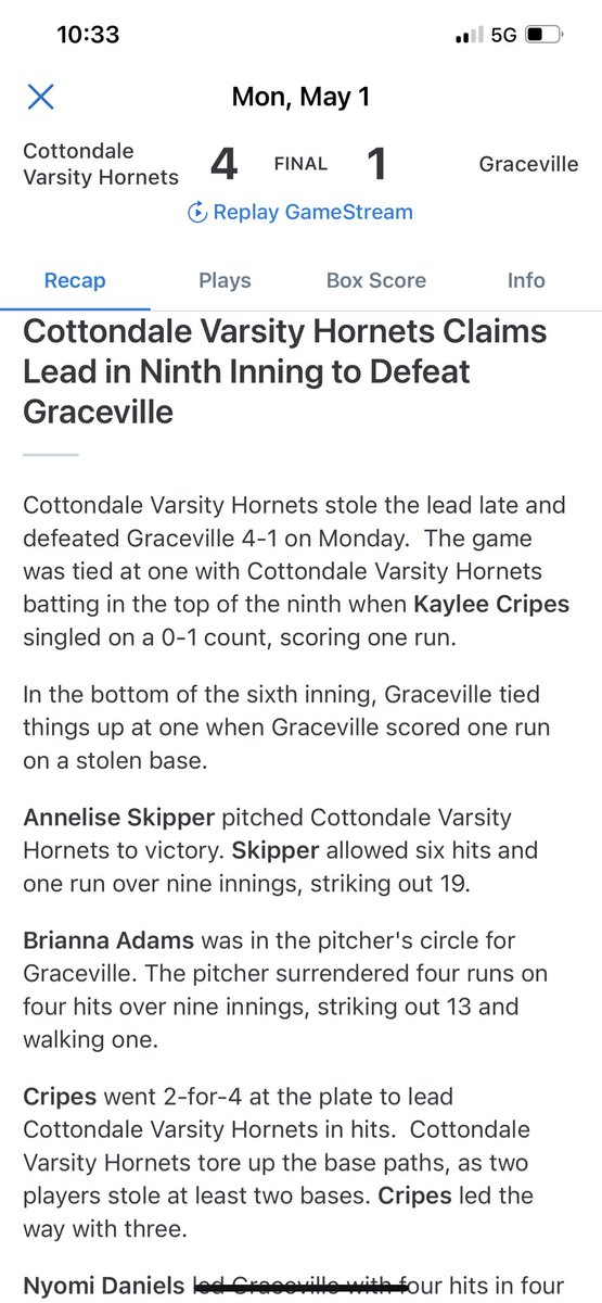 AnneliseS22's tweet photo. Stayed strong and confident through 9 innings ending with 19 strikeouts! https://t.co/tWRKqxHBFL