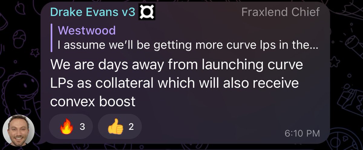 👀 <a href="/fraxfinance/">Frax Finance ¤⛓️¤</a> about to support Curve / Convex LPs as collateral on FraxLend while still receiving boost, from lead dev <a href="/drakeevans/"></a> 

$fxs $crv $cvx $frax

Expecting $frax interest rev to increase soon to help boost CR. Once 100%, more rev to $fxs holders 🔥