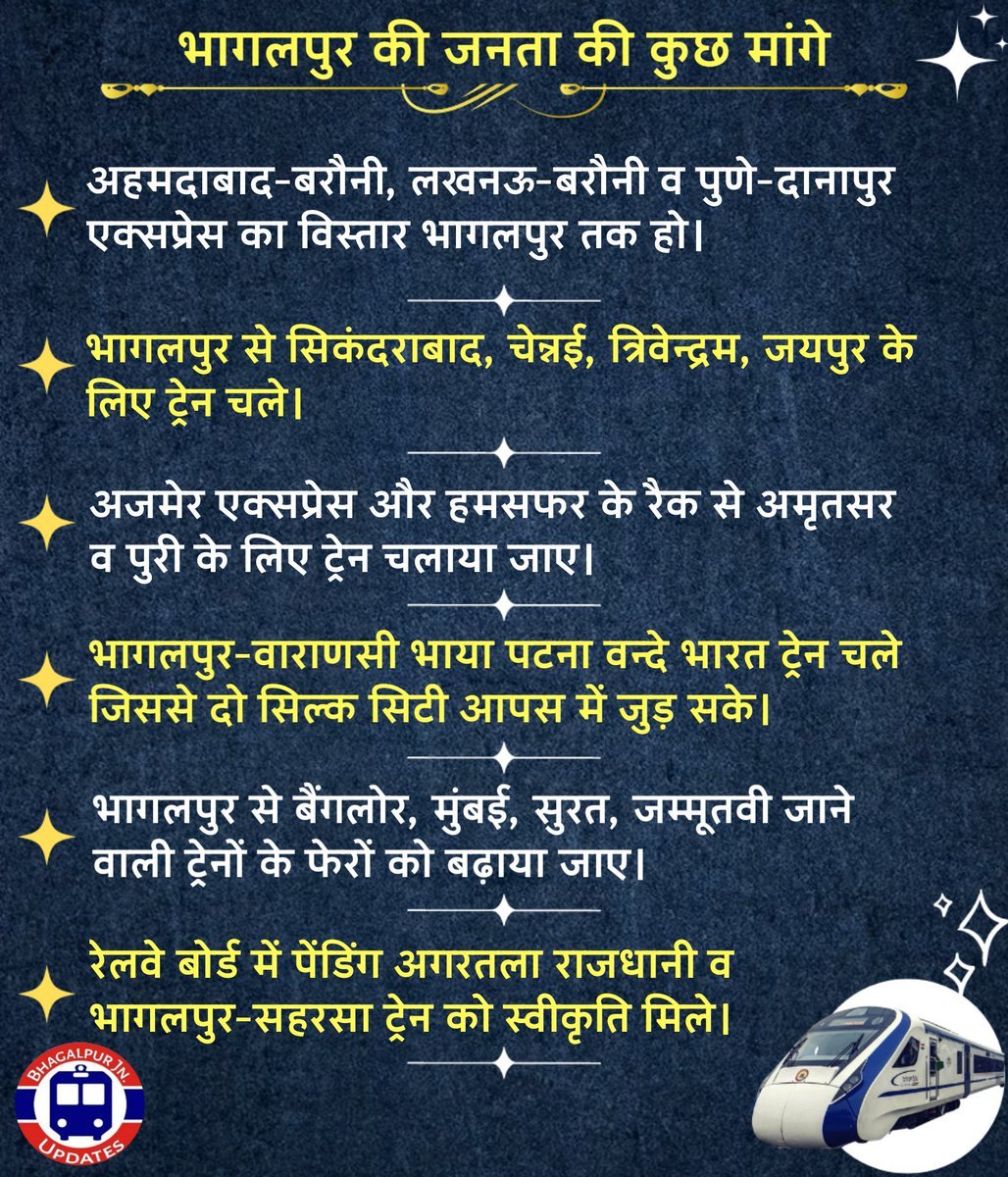 भागलपुर की जनता की कुछ महत्वपूर्ण मांगे हैं जिसमें मुख्यतः कुछ ट्रेनों का विस्तार, नई ट्रेनों की मांग व ट्रेनों के फेरों को बढ़ाया जाना शामिल है।

<a href="/RailMinIndia/">Ministry of Railways</a> <a href="/EasternRailway/">Eastern Railway</a> <a href="/drmmalda/">DRM Malda</a> <a href="/ECRlyHJP/">East Central Railway</a> <a href="/DrmChennai/">DRM Chennai</a> <a href="/RailwayNorthern/">Northern Railway</a> <a href="/NWRailways/">North Western Railway</a> <a href="/DRMJaipur/">DRMjaipur</a> <a href="/drmhowrah/">DRM Howrah</a> <a href="/drmbct/">DRM - Mumbai Central, WR</a> <a href="/WesternRly/">Western Railway</a>