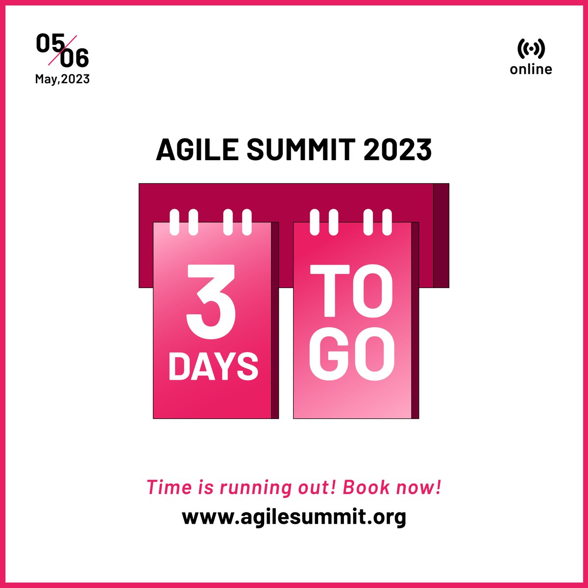 agile_summit's tweet photo. Only 3 days to go for Agile Summit 2023!
Be ready to envision continuous transformation with global and industry leaders on 05-06 May 2023.
Register now at https://t.co/hrsY2iL9C6
#agile #agilesummit #agilesummit2023 #transformation #leaders https://t.co/LBGlh3bC4W