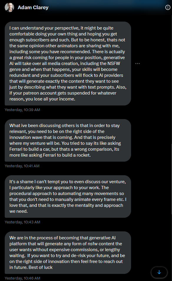 gifdoozer's tweet photo. If you like being a NSFW content creator don't feed algorythms for a couple paychecks and avoid potential employers that use this kind of persuasion tactics.
Telling people that in some time they will be obsolte and useless is insulting. https://t.co/WJ7ip7fuPD