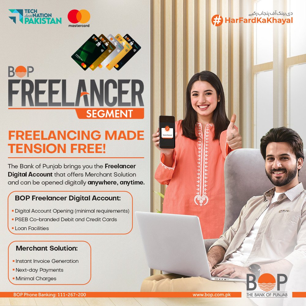Exciting news! BOP is introducing the Freelancer Digital Segment. Now, you can easily open a Freelancer Digital Account anywhere, anytime and enjoy the convenience of BOP's Merchant Solution. 

Empower your freelance business with the Bank of Punjab's Freelancer Digital Account -…