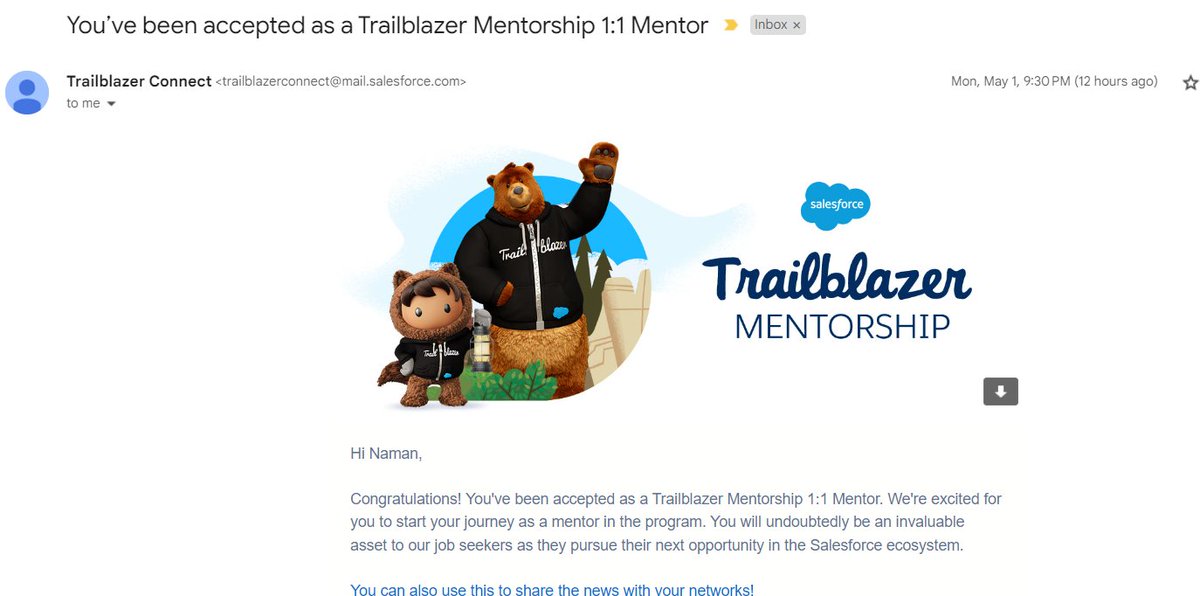 Being a #mentor is not a success, it's a journey with your #mentee in which you both #learn and #grow in your #career together.

Head to the #TrailblazerMentorship #CommunityGroup to learn #bestpractices.

It will be my 7th session with you @salesforce @trailhead #Trailblazer 🤗