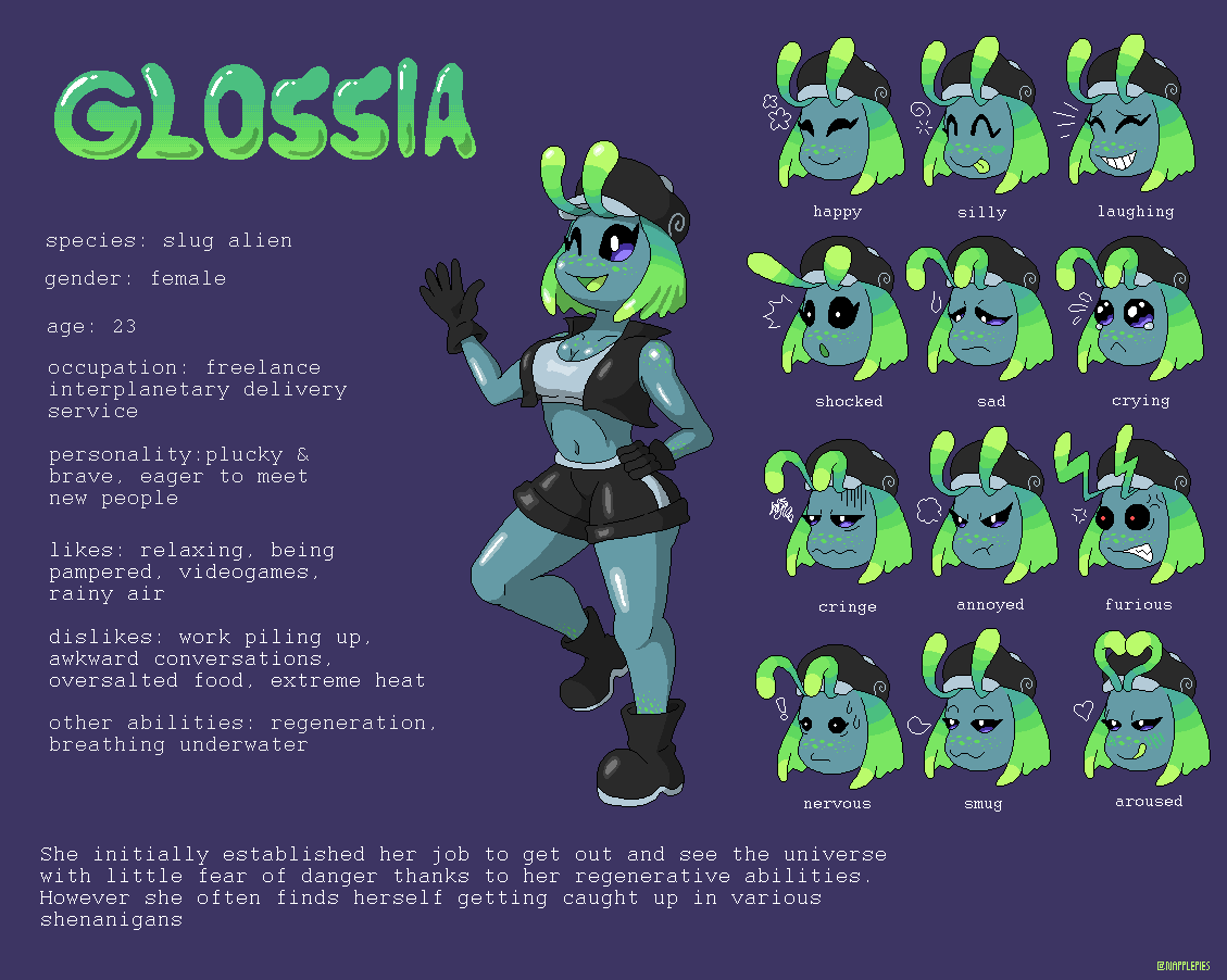 napplepies's tweet photo. Hello to all the new followers! It's fortuitous that you've showed up because I've just finished an OC to help link a pretty face to my account: Glossia the alien delivery girl #OC #nsfw #feet https://t.co/7ocjeIXUQ1