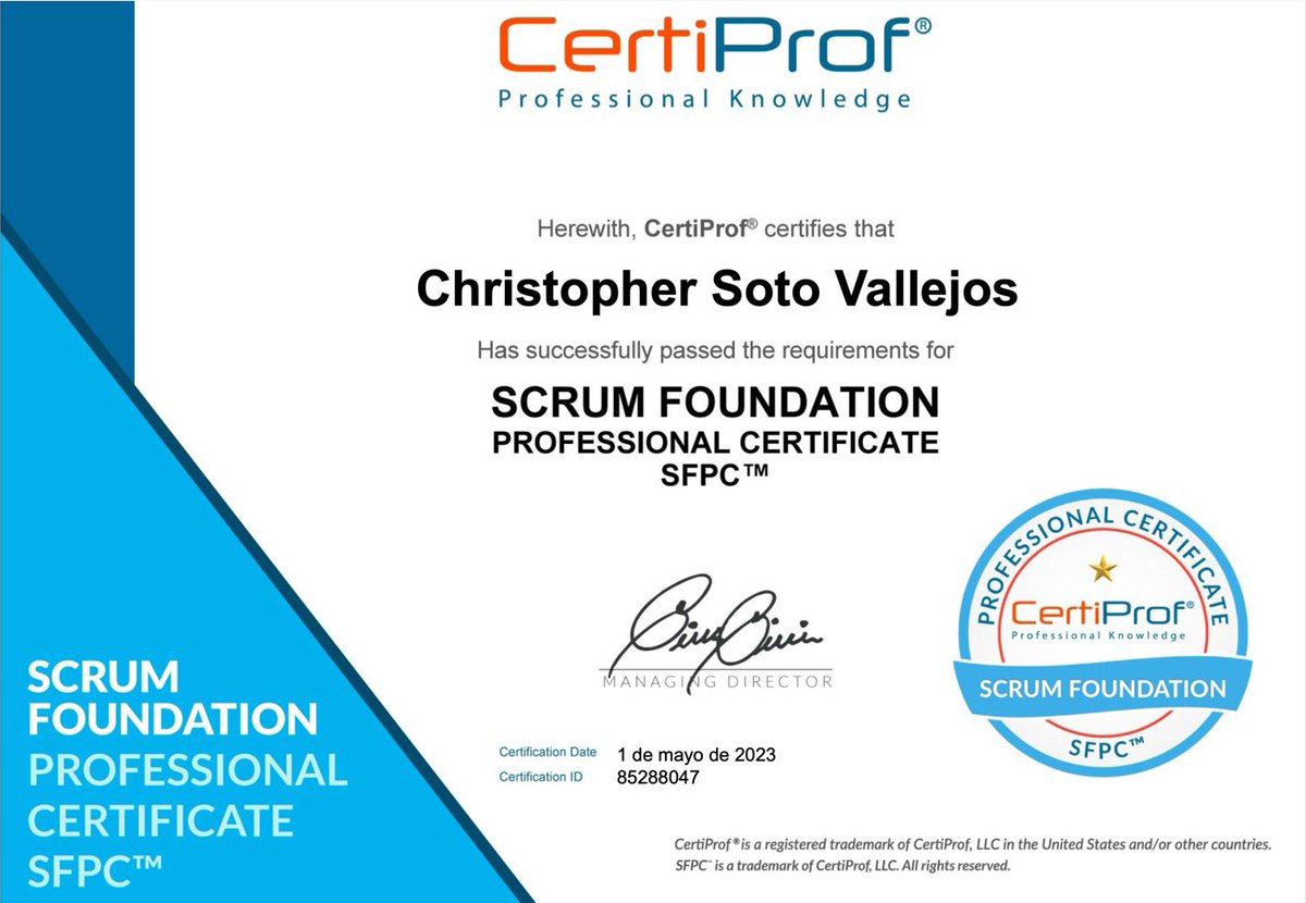 csv_81's tweet image. !Estoy emocionado de compartir que recientemente obtuve la Certificación Profesional de Fundamentos de Scrum (SFPC) de CertiProf.

Esta certificación me ha ayudado a profundizar mis conocimientos y comprensión del marco de trabajo Scrum.
#CertiProf #AgileProjectManagement