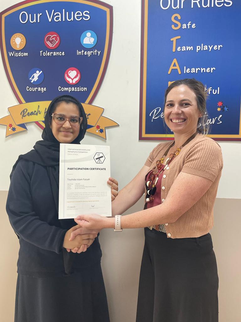 AIS_JrSecondary's tweet photo. Our grade 9 student Touhida proudly shared her certificate from the International Astrophysics and Astronomy Competition.🔭

We wish her every success in the next round of the competition!✨

#AISJourneyToSuccess #AISExcellence https://t.co/51YTDezvNS