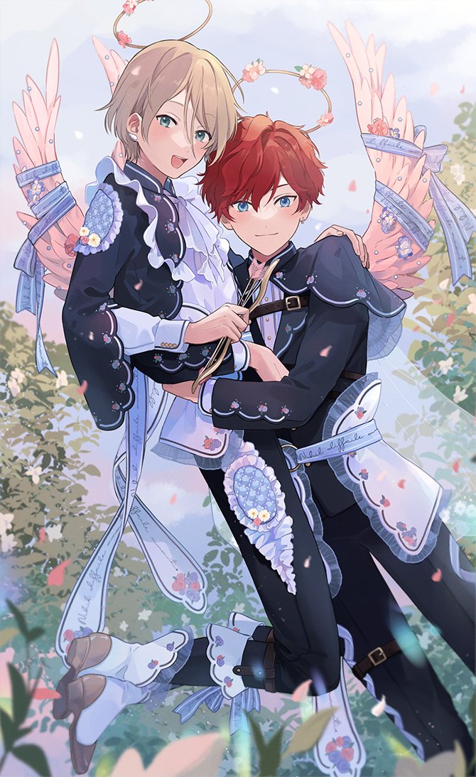 multiple boys 2boys male focus blue eyes red hair smile angel  illustration images