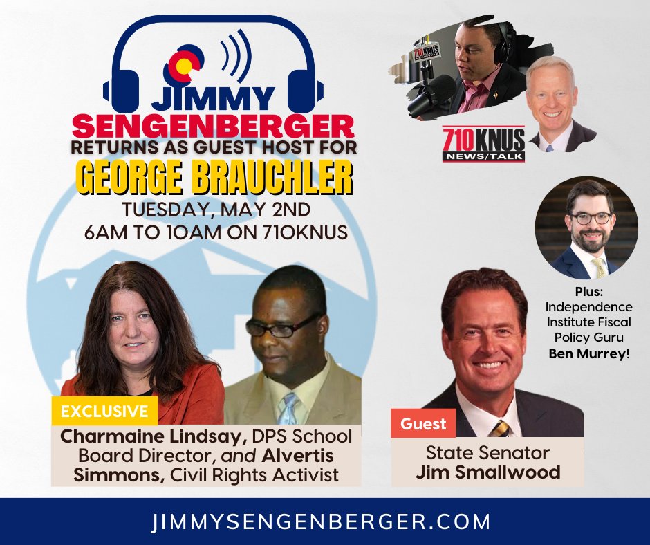 SengCenter's tweet image. Going LIVE for @GeorgeBrauchler from 6-10am @710KNUS - must listen! 📻

☑️ Charmaine Lindsay (Denver School Board) &amp;amp; civil rights activist Alvertis Simmons
☑️ Sen @JimSmallwood on #coleg HB1003 (school mental health bill)
☑️ @i2idotorg's @benamurrey

📞 303-696-1971
#copolitics
