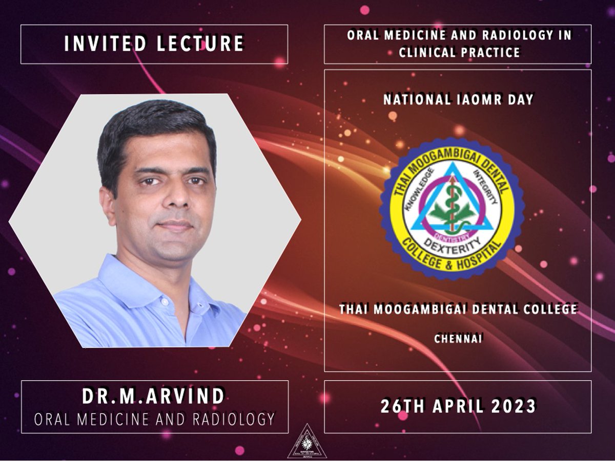 oralmedicinesdc's tweet image. Our beloved HOD (academics) Dr. Arvind M delivered a guest lecture on the topic &quot;Oral Medicine and Radiology in Clinical Practice&quot; at Thai Moogambigai Dental College, Chennai💯
#invitedlecture #guestspeaker #pglife #oralmedicineandradiology #clinicalpractice #oralmedicinesdc