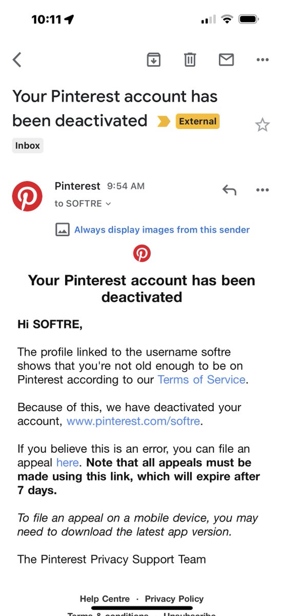 Our @Pinterest handle @SOFTRE got suspended for age  - can you sort this out @pinterest - this is a company