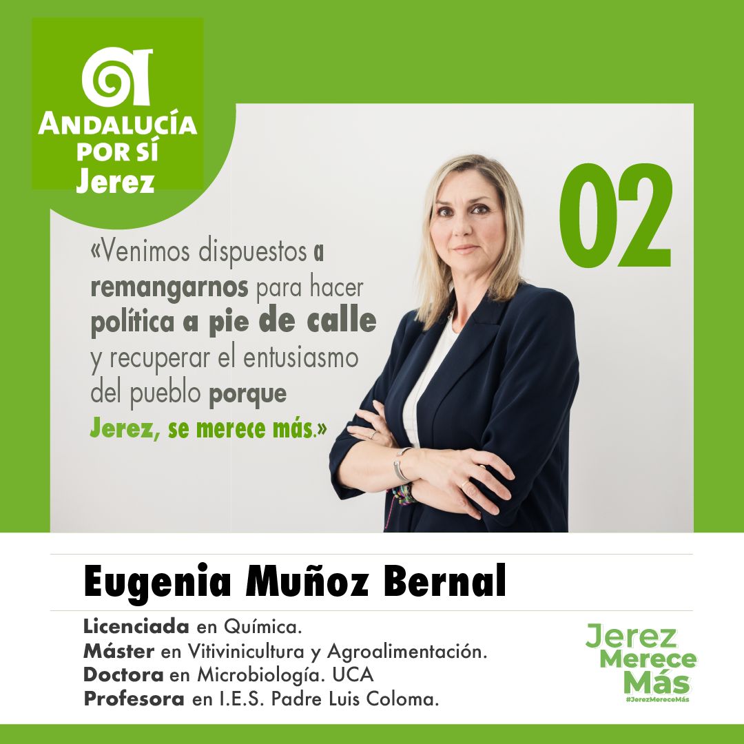 Axsi_Jerez's tweet photo. 👉 Continuamos con la presentación del equipo que  acompaña a @SantiagoCasal  el 28 de mayo. 

➡️Con el número 2 presentamos a Eugenia Muñoz Bernal, Licenciada en Química, Master en Vitivinicultura y agroalimentación, Doctora en microbiología y profesora en IES Padre Luis Coloma. https://t.co/QAHbPWi0tt