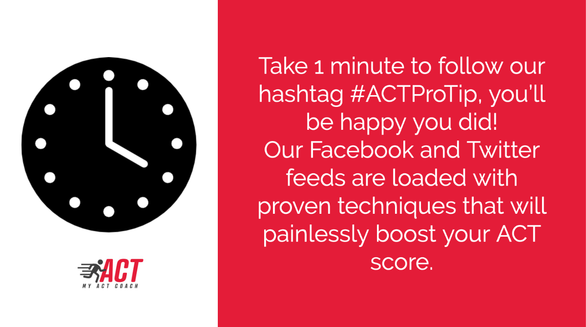 myACTcoach's tweet photo. Take 1 minute to follow our hashtag #ACTProTip, you’ll be happy you did!
Our Facebook and Twitter feeds are loaded with proven techniques that will painlessly boost your ACT score.
#sat #collegeprep #tutoring #satreading #actprep #satprep #word #act #testprep #acttest https://t.co/mdMfum7TmJ