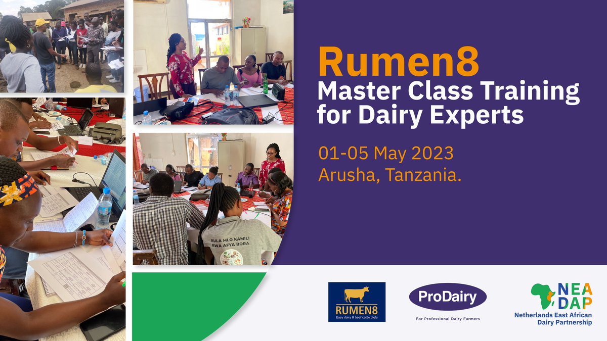 Exciting Rumen8 training happening now in Arusha, Tanzania! Dairy advisors &amp; farm managers are learning how to optimize production &amp; reduce feed costs for cows using this diet formulation tool.
