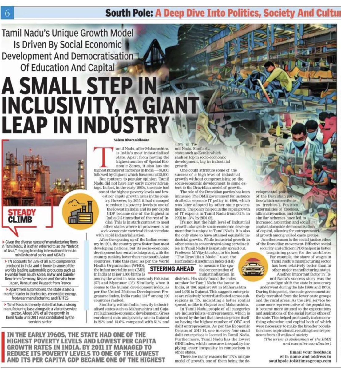 Wrote to @timesofindia on how DMk and Dravidian movement propelled, Tamil Nadu, using industrial growth, from being one of the poorer states in 1960s India - high poverty rate and low per capita income - to a state with lowest poverty rate and highest per capita income in india.…