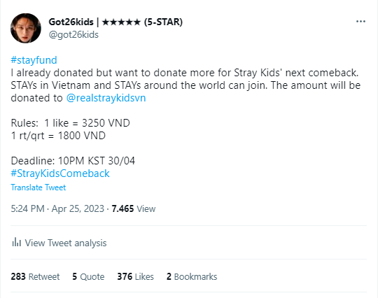 got26kids's tweet photo. Hello. This is summary of the number of likes/rt/qrt as follows:
Likes: 376 x 3,250 VND = 1,222,000 VND
Rts/Qrts: (283 + 5) x 1,800 VND = 518,400 VND
TOTAL: 1,740,400 VND
#stayfund
I have transferred the above amount to @skzvnfp
Good luck with Stray Kids' comeback ⭐️⭐️⭐️⭐️⭐️ https://t.co/NBfyTLkGms