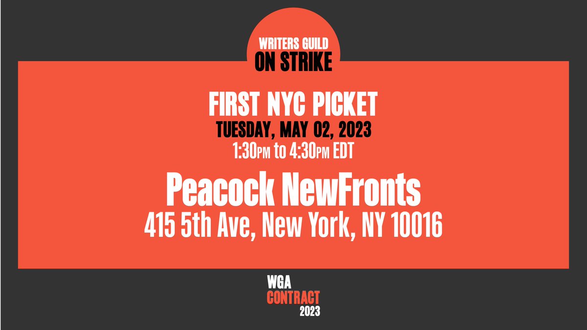 Join the WGA as we picket the @peacock NewFronts in NYC to demand a fair contract on May 2, 1:30pm - 4pm, at 415 5th Avenue. RSVP: airtable.com/shrVGXLWGVlrkw… #WGAStrike #1u