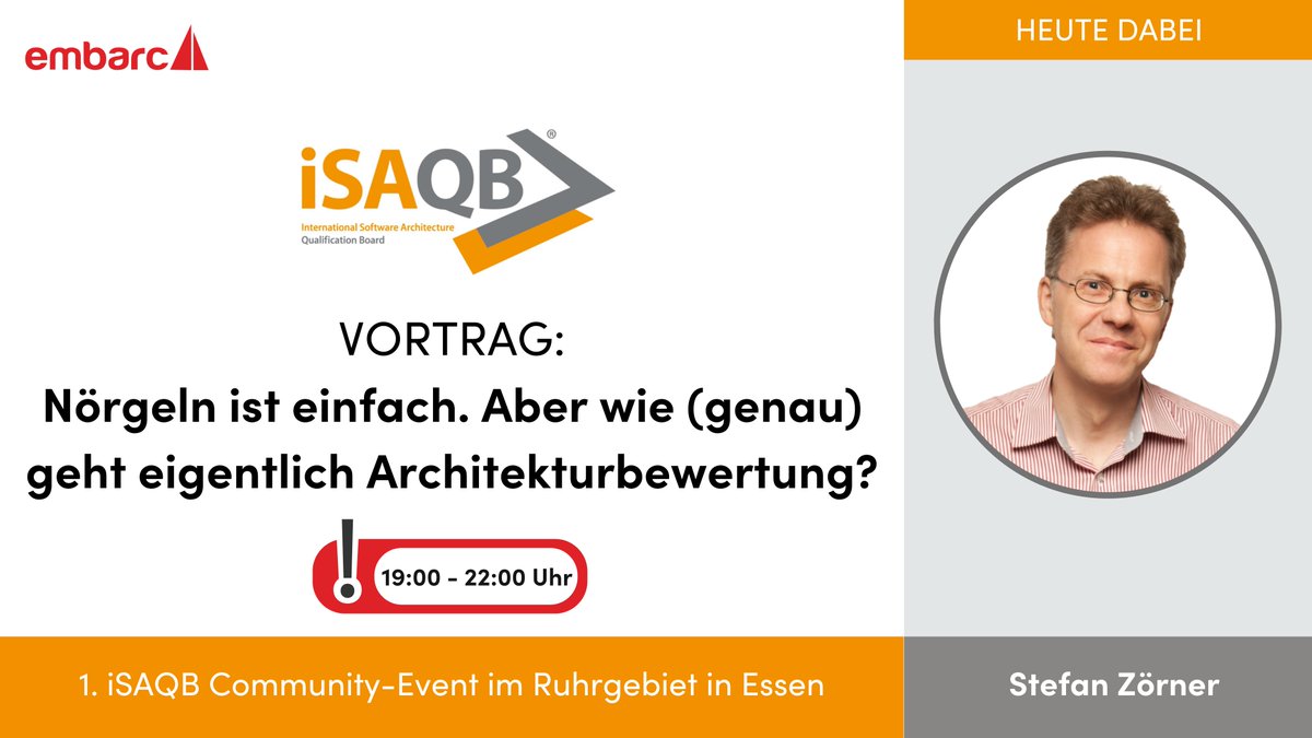 embarced's tweet photo. Heute findet das 1. iSAQB Community-Event Ruhrgebiet statt. @StefanZoerner teilt sein Wissen über Architekturbewertung. Ihr erfahrt, wie ihr eure Architekturentscheidungen absichern, Risiken im Entwurf aufdecken und Transparenz schaffen könnt. https://t.co/OXqYtoWZ6F https://t.co/AjEq73yFAc