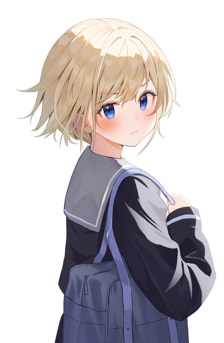 1girl solo blue eyes school uniform bag white background blonde hair  illustration images