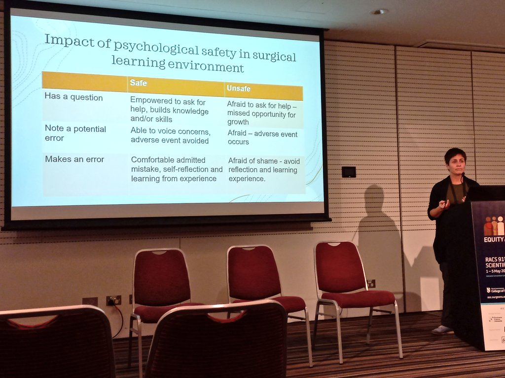 LiangRhea's tweet image. Brilliant presentation by @scrennie about #PsychologicalSafety in surgical training. There is a common misconception that psychological safety leads to increased error because trainees no longer fear making mistakes. But the reverse is true 👇. #MedEd #RACS23