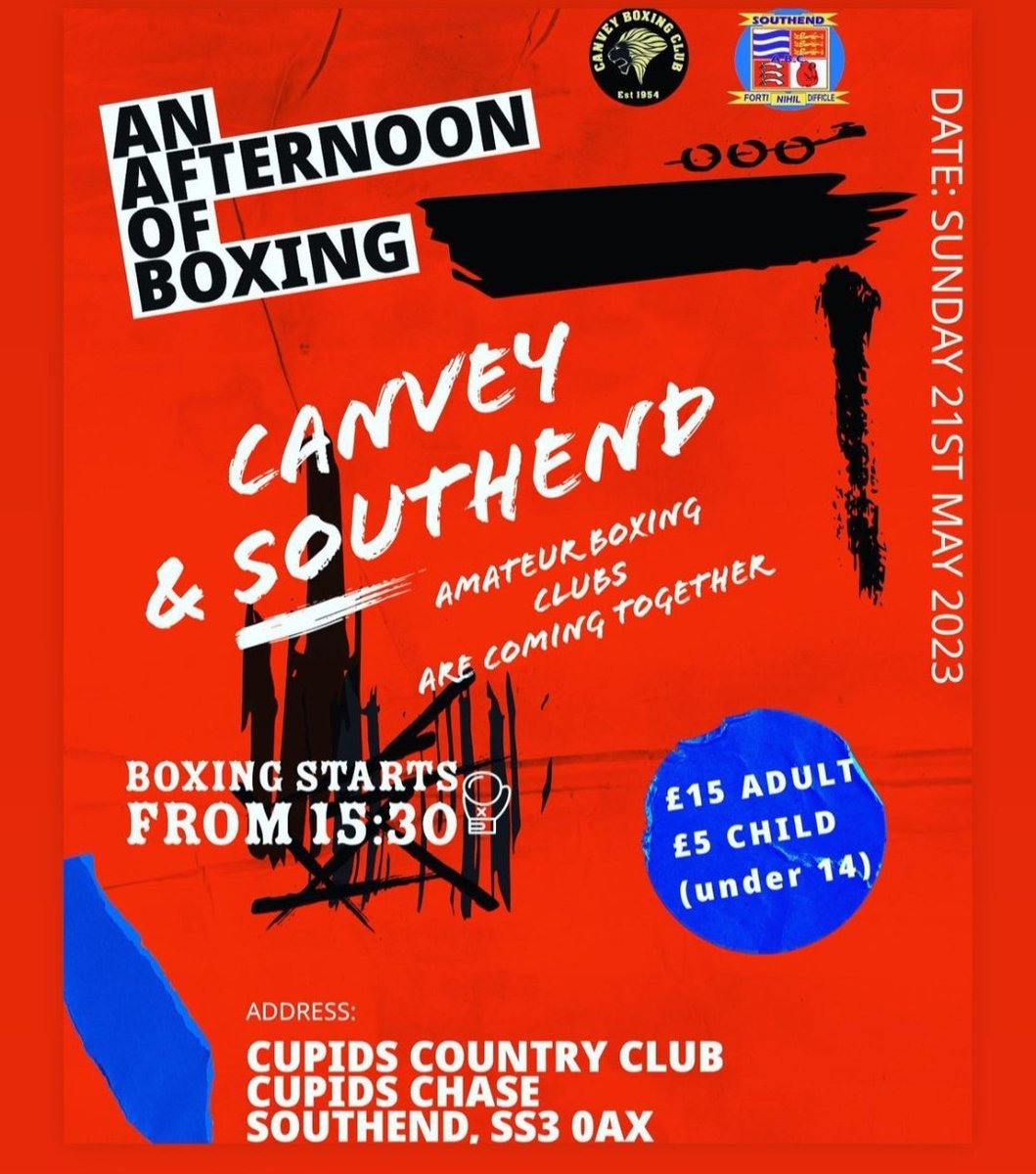 Southend_ABC's tweet photo. 21st of May #Southend &amp; @CanveyBoxing #boxingclubs proudly affiliated to @England_Boxing are hosting an afternoon of #OlympicStyleBoxing 
#SouthendOnSea #CanveyIsland #Essex #Southchurch #Boxing #AmateurBoxing https://t.co/Kk9eZgZmQP