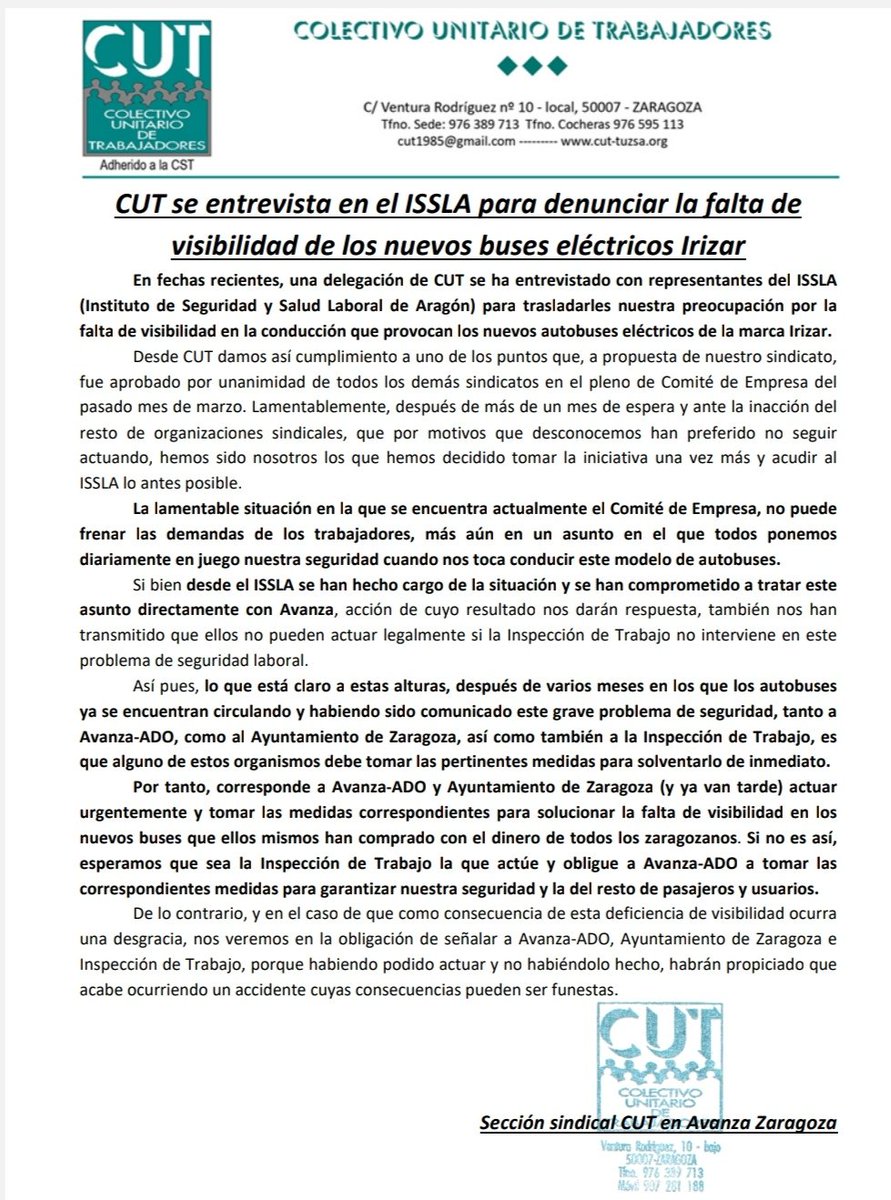 CutAragon's tweet photo. 📢CUT INFORMA📢

👉Pese a haber sido comunicado a #Avanza-ADO y al Ayto @zaragoza_es el  grave problema de seguridad de los #buses eléctricos y ante la inacción de estos...

📝CUT lleva al #ISSLA la peligrosidad de este modelo de bus.
¿Esperan que ocurra un accidente para actuar? https://t.co/uDkvkwuHpA