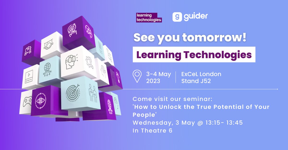 Only one more day until Learning Technologies Exhibition &amp; Conference 🙌

If you want to learn more about Guider's impact, come along to El and Tom's talk: 

How to Unlock the True Potential of Your People 
Wednesday, 3 May 2023 @ 13:15 - 13:45
📍 Theatre 6

#LT23UK