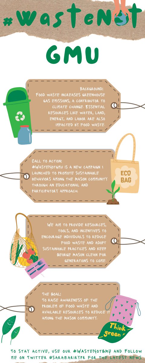 SarazariryPR's tweet photo. Food waste accounts for 40% of the US's food supply, equivalent to $218 billion per year. Join the #WasteNotGMU movement and see what tips and tricks you learn that will help keep George Mason campus clean. Waste less, Save more. #MimsPR https://t.co/nvGgWBfbBi